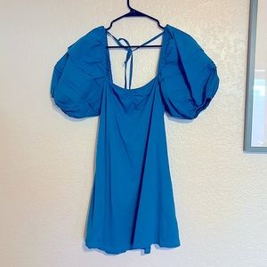 Bright cerulean blue puffy sleeve mini dress from Zara